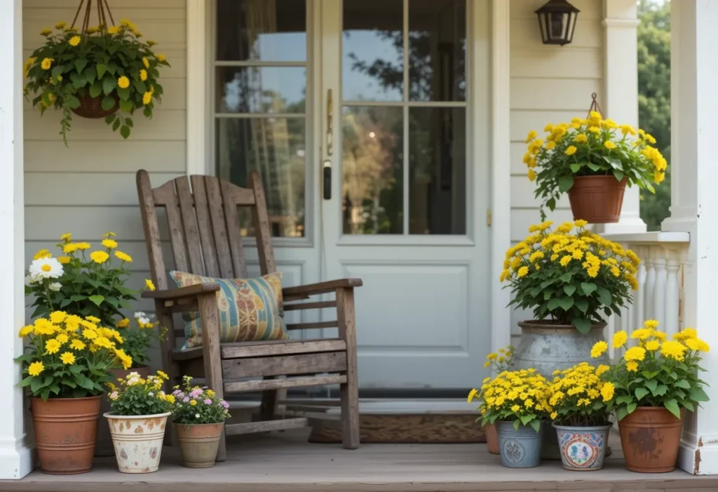 26 Spring Porch Decorating Ideas to Refresh Your Front Porch This Season 14 Rustic spring porch with yellow flowers in pots and greenery, making the space feel happy and inviting.