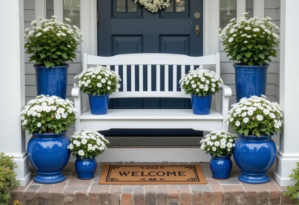 26 Spring Porch Decorating Ideas to Refresh Your Front Porch This Season 15 Spring porch featuring blue pots filled with white flowers, adding crisp contrast and seasonal charm.