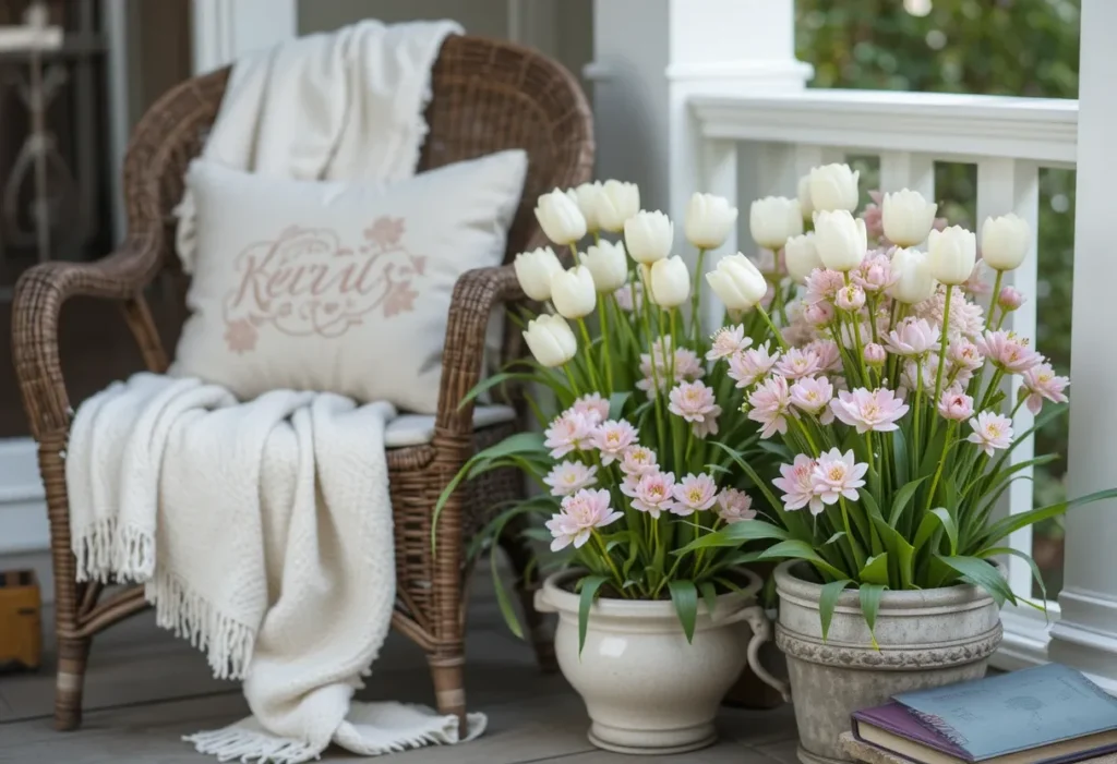 26 Spring Porch Decorating Ideas to Refresh Your Front Porch This Season 16 Peaceful spring porch with tulips and cherry blossoms, perfect for reading and relaxing outdoors.