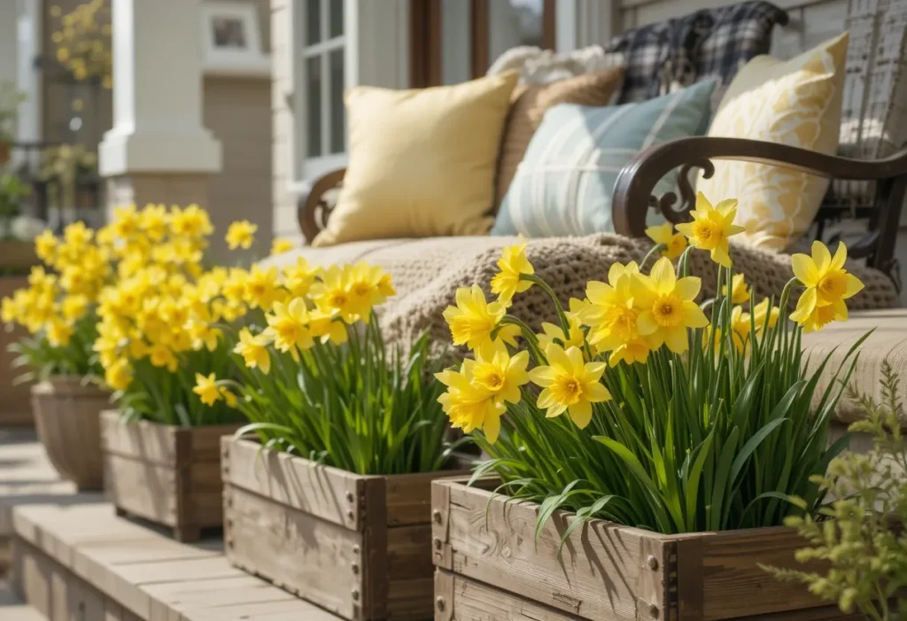 26 Spring Porch Decorating Ideas to Refresh Your Front Porch This Season 17 Cheerful spring porch with yellow daffodils in wooden planters and cozy seating touches.