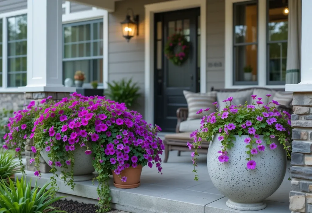 26 Spring Porch Decorating Ideas to Refresh Your Front Porch This Season 18 Colorful spring porch with purple flowers in textured pots and evening lighting for added charm.