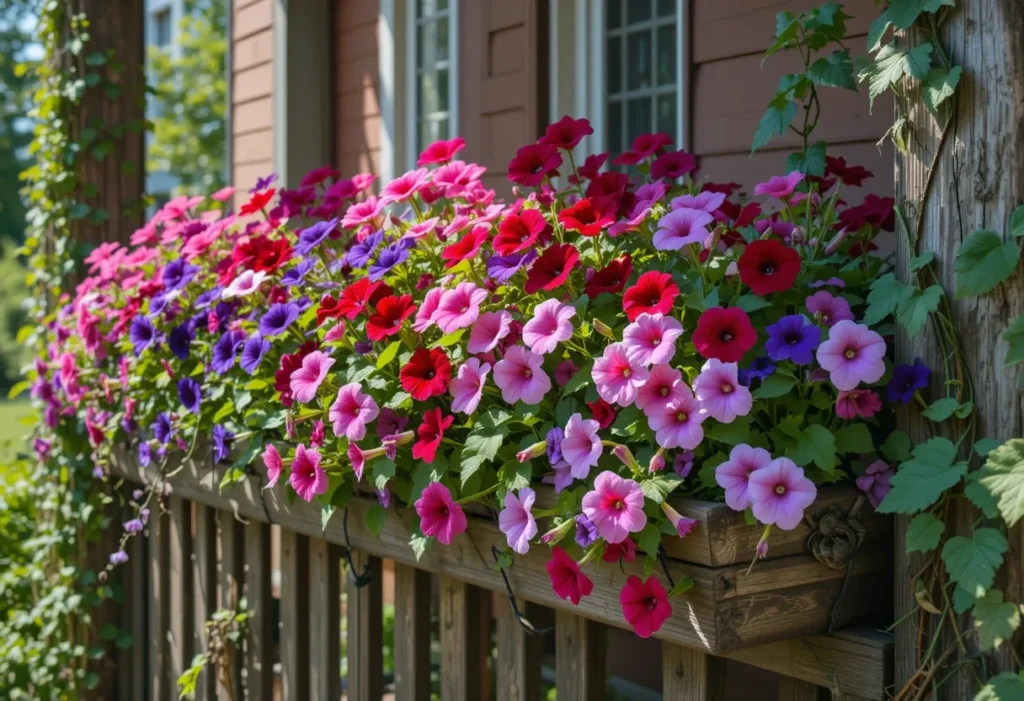 26 Spring Porch Decorating Ideas to Refresh Your Front Porch This Season 19 Vertical spring garden with petunias blooming in bright colors on a porch wall or railing.