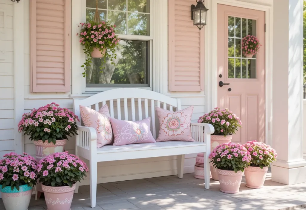 26 Spring Porch Decorating Ideas to Refresh Your Front Porch This Season 20 Pink spring porch with pastel planters, soft flowers, and comfy seating for a sweet seasonal look.
