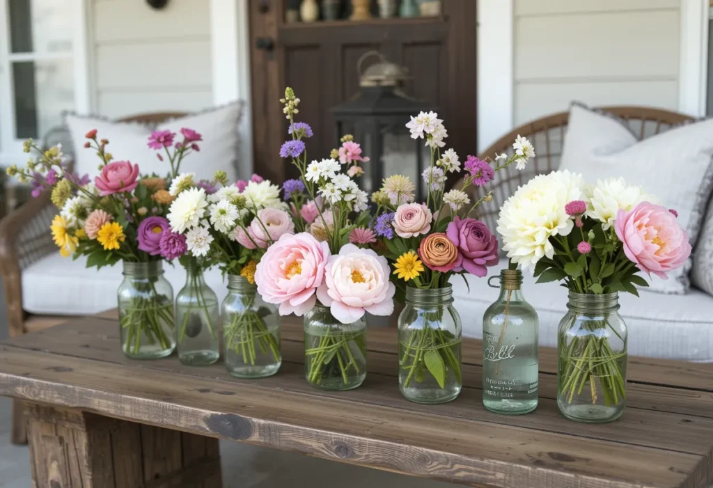 26 Spring Porch Decorating Ideas to Refresh Your Front Porch This Season 22 Rustic porch with mason jars filled with spring flowers on a wooden table for a simple farmhouse feel.