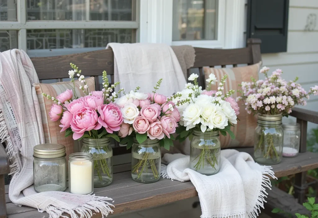 26 Spring Porch Decorating Ideas to Refresh Your Front Porch This Season 23 Spring porch with pink and white flowers in jars, rustic wood decor, and soft candlelight accents.