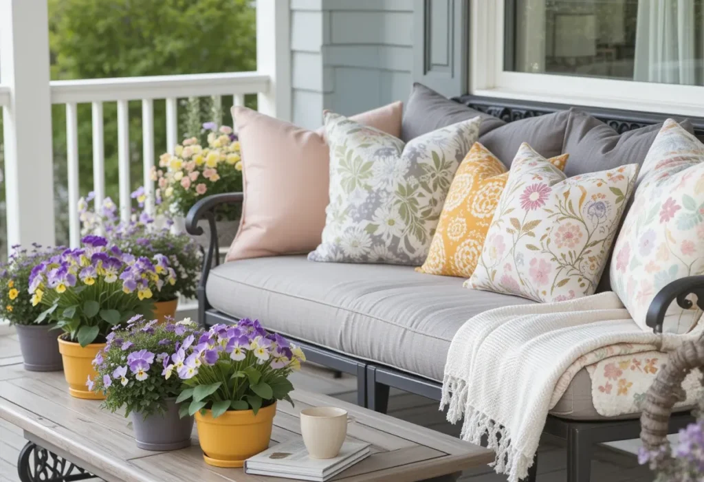 26 Spring Porch Decorating Ideas to Refresh Your Front Porch This Season 24 Cozy spring porch with violas and comfy pillows, perfect for relaxing in the fresh air.