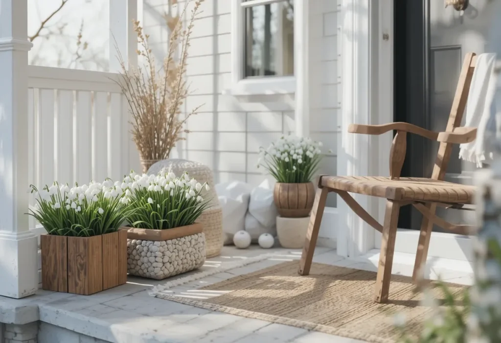 26 Spring Porch Decorating Ideas to Refresh Your Front Porch This Season 25 Minimal spring porch with snowdrops in natural planters, creating a peaceful, clean look.