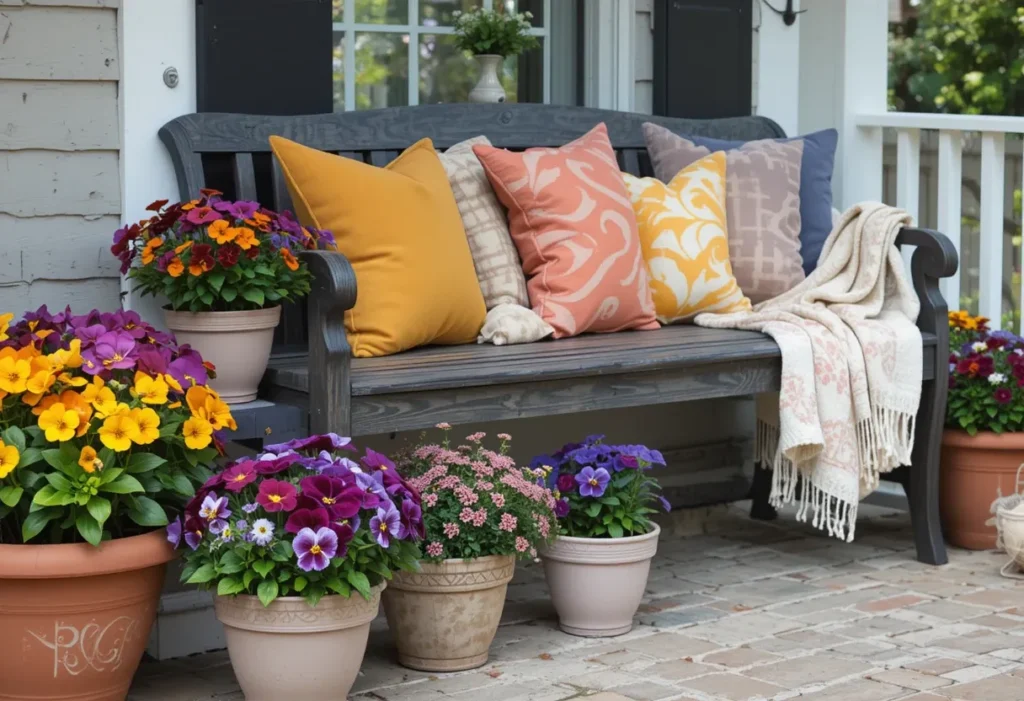 26 Spring Porch Decorating Ideas to Refresh Your Front Porch This Season 26 Spring porch full of pansies and cozy textiles, creating a warm and inviting outdoor spot.