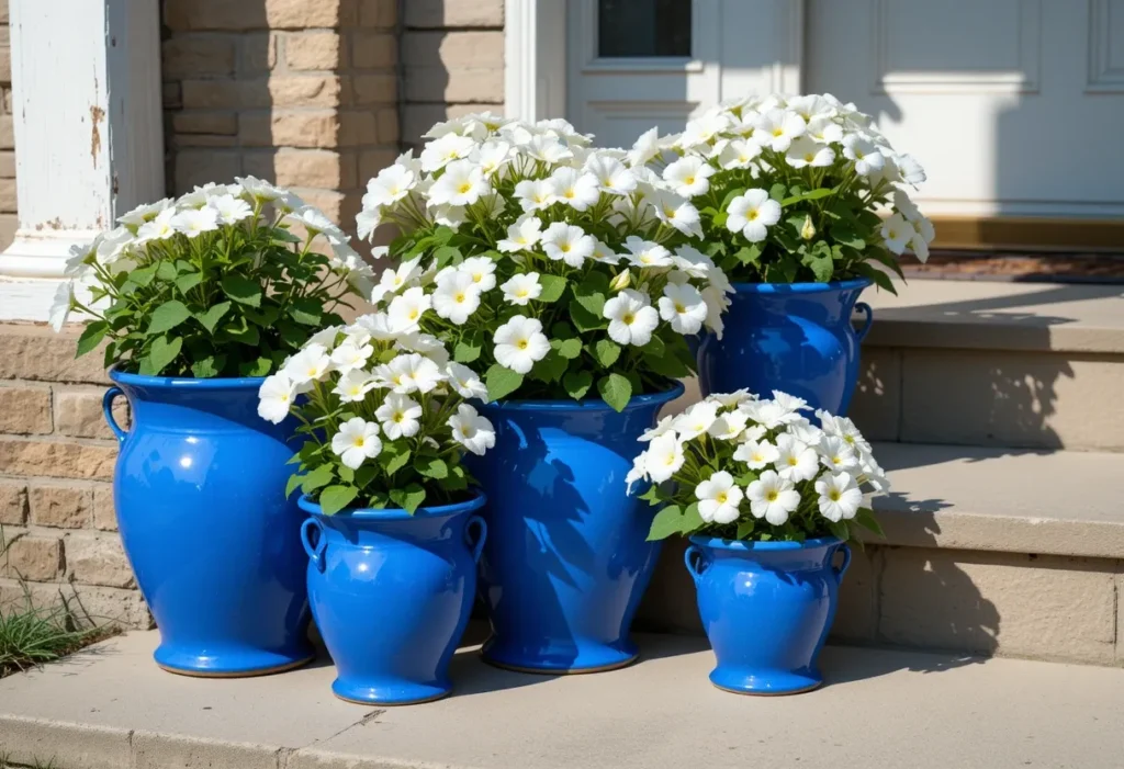 26 Spring Porch Decorating Ideas to Refresh Your Front Porch This Season 27 Spring porch with white petunias in bright blue pots of different sizes near front steps for a fresh, colorful look.