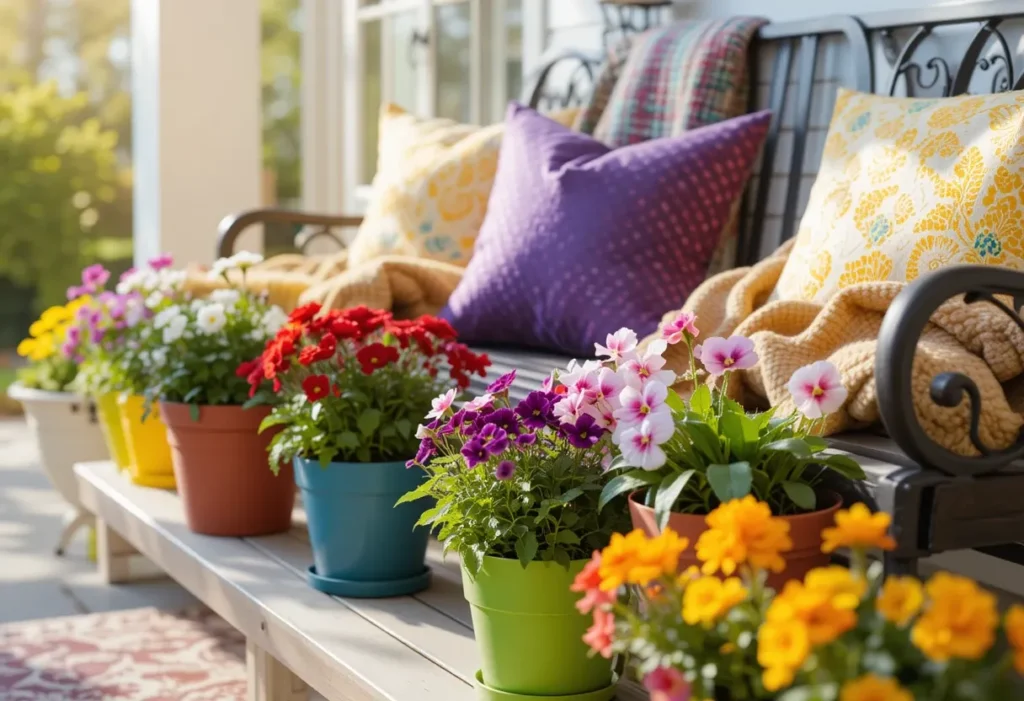 26 Spring Porch Decorating Ideas to Refresh Your Front Porch This Season 7 Warm and cheerful spring porch with pansies, throw pillows, and a blanket for cozy outdoor lounging.