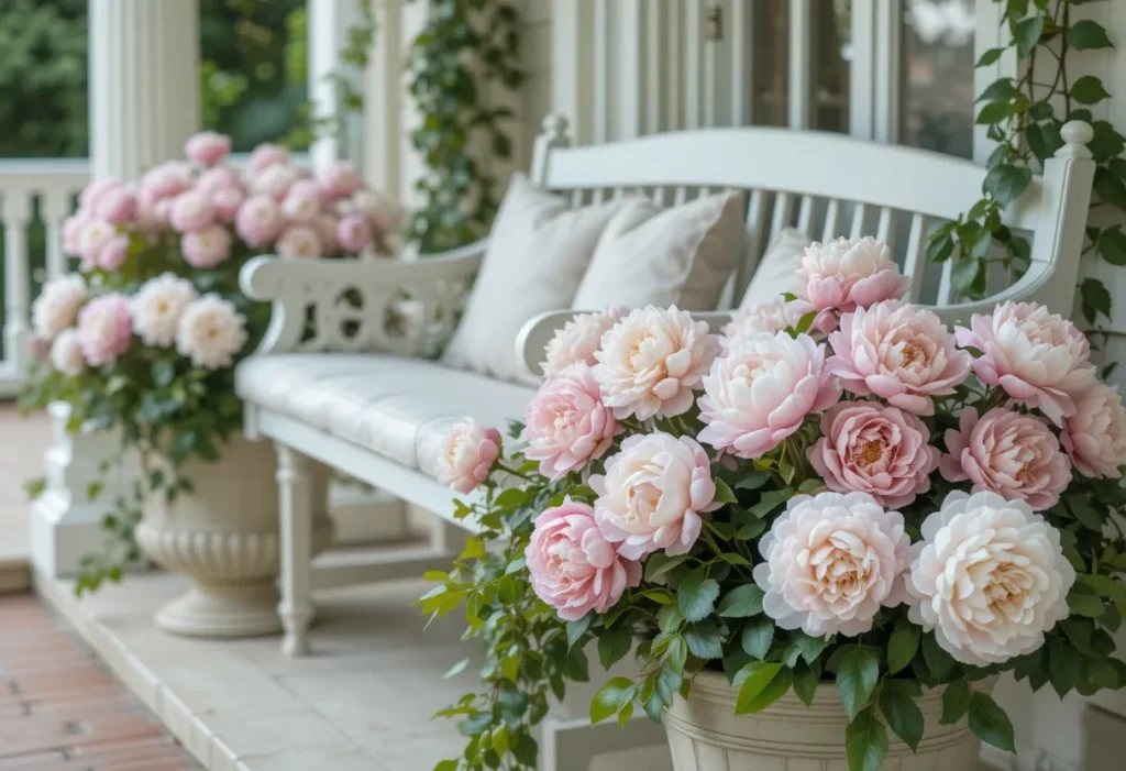 26 Spring Porch Decorating Ideas to Refresh Your Front Porch This Season 8 Dreamy spring porch with pink peonies, trailing greenery, and soft cushions for a romantic touch.