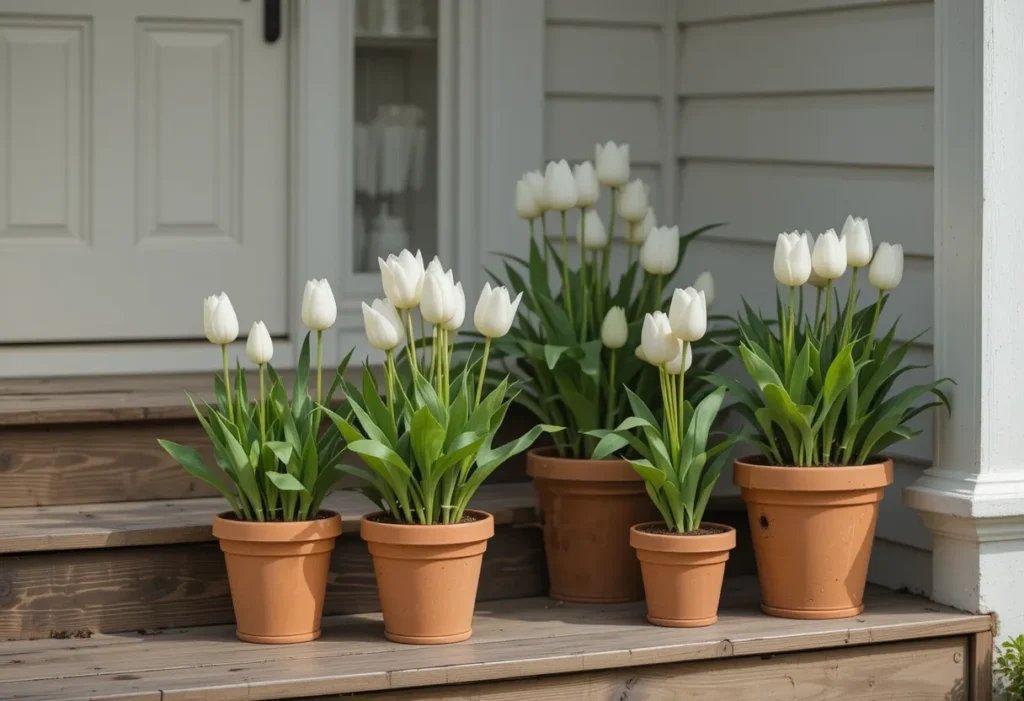 26 Spring Porch Decorating Ideas to Refresh Your Front Porch This Season 9 Clean and simple spring porch with white tulips in terracotta pots for a fresh seasonal look.
