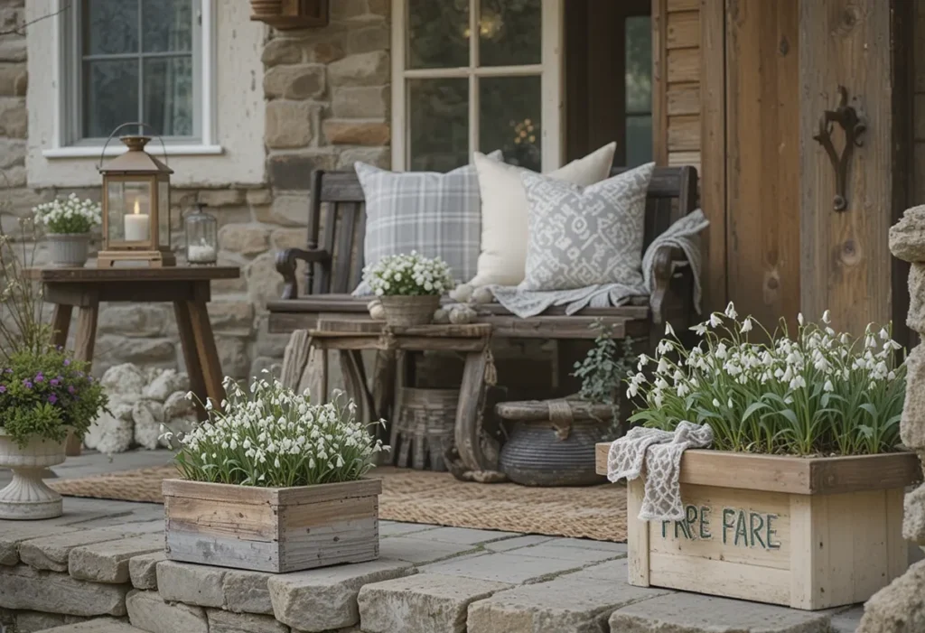26 Spring Porch Decorating Ideas to Refresh Your Front Porch This Season 10 Rustic spring porch with snowdrops, wooden decor, and soft accents for a cozy feel.