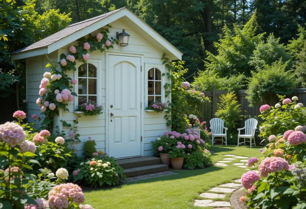 Charming white cottage-style garden shed with roses and vintage windows nestled in a lush backyard.

