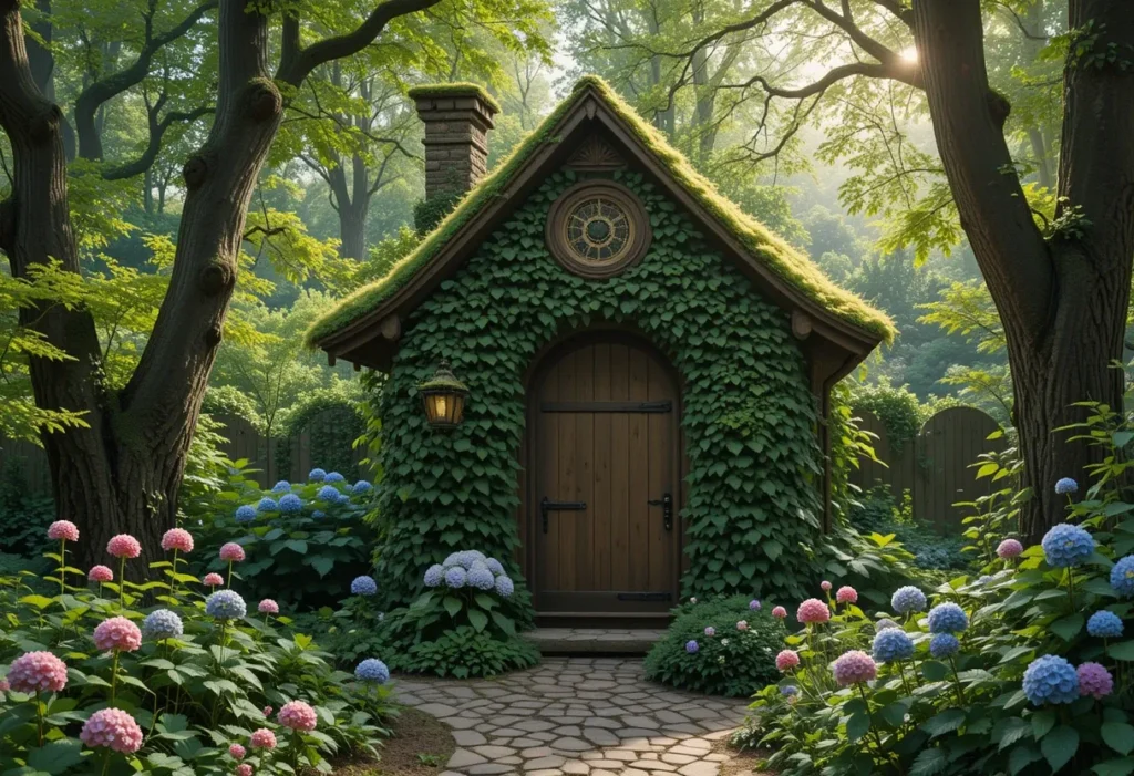 Rustic ivy-covered garden shed with moss roof and wooden door, surrounded by ferns and hydrangeas.