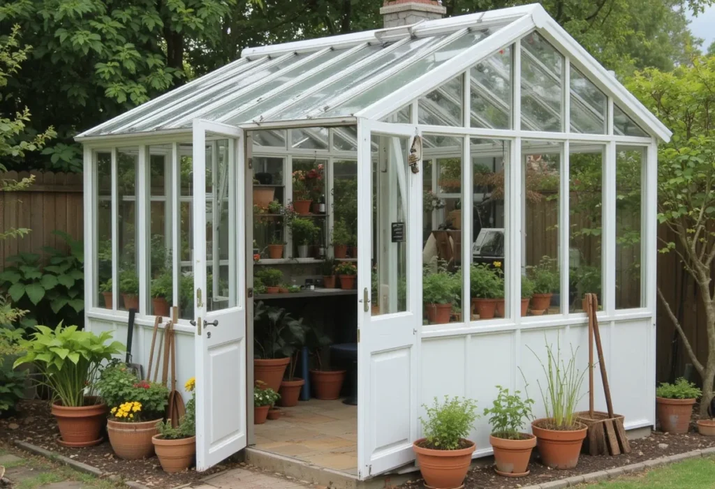 White-framed cottage greenhouse shed with glass panels and terracotta gardening accents.