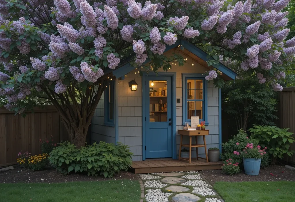 Gray shiplap garden writing shed under a lilac tree with a gravel path and cozy string lights.