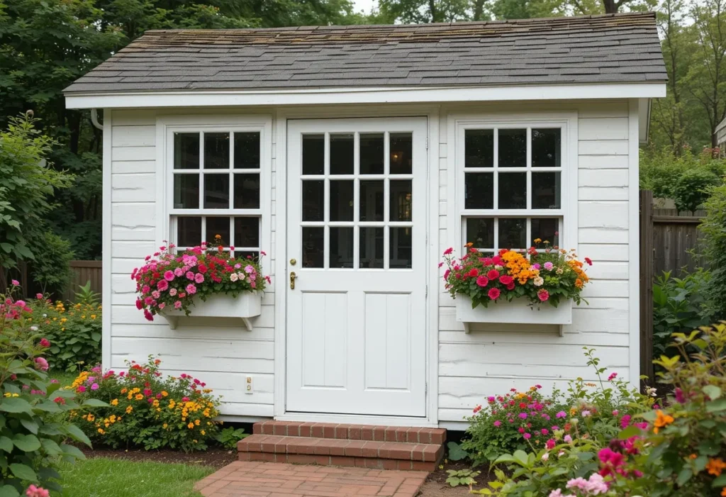 White garden shed with colorful window boxes and a curved brick path surrounded by flowers.