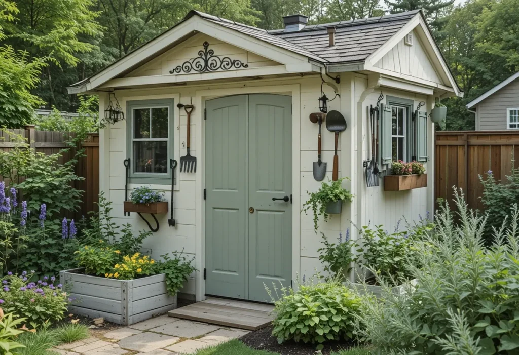 Cream and sage tool shed surrounded by herb beds and vintage iron garden accents.