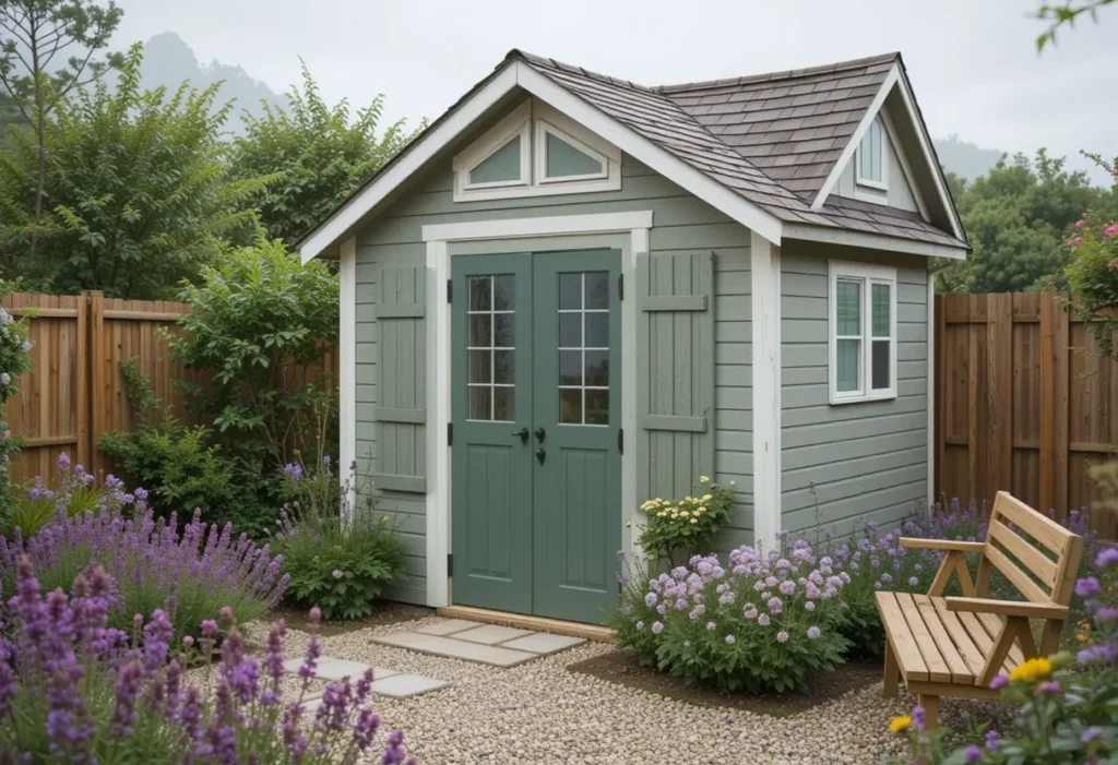 Small gabled roof garden shed with vintage shutters and blooming flowers around a gravel patio.
