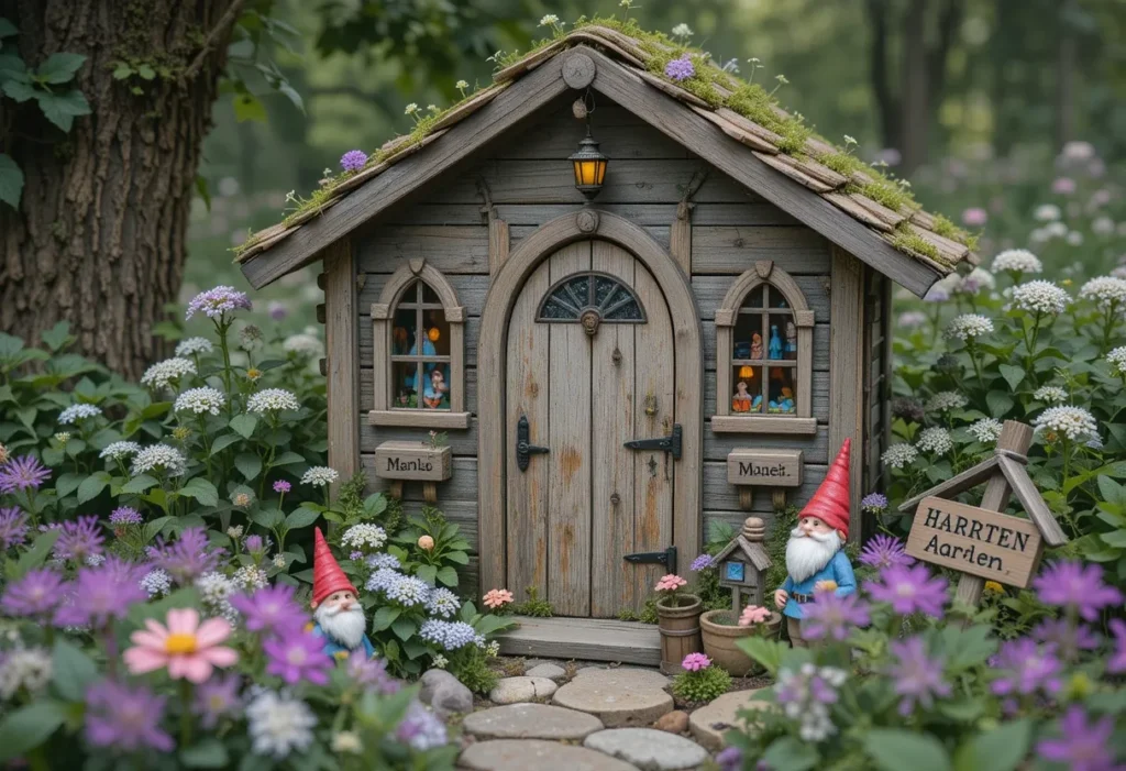 Magical fairy garden shed with mini doors, lanterns, wildflowers, and whimsical decorations.
