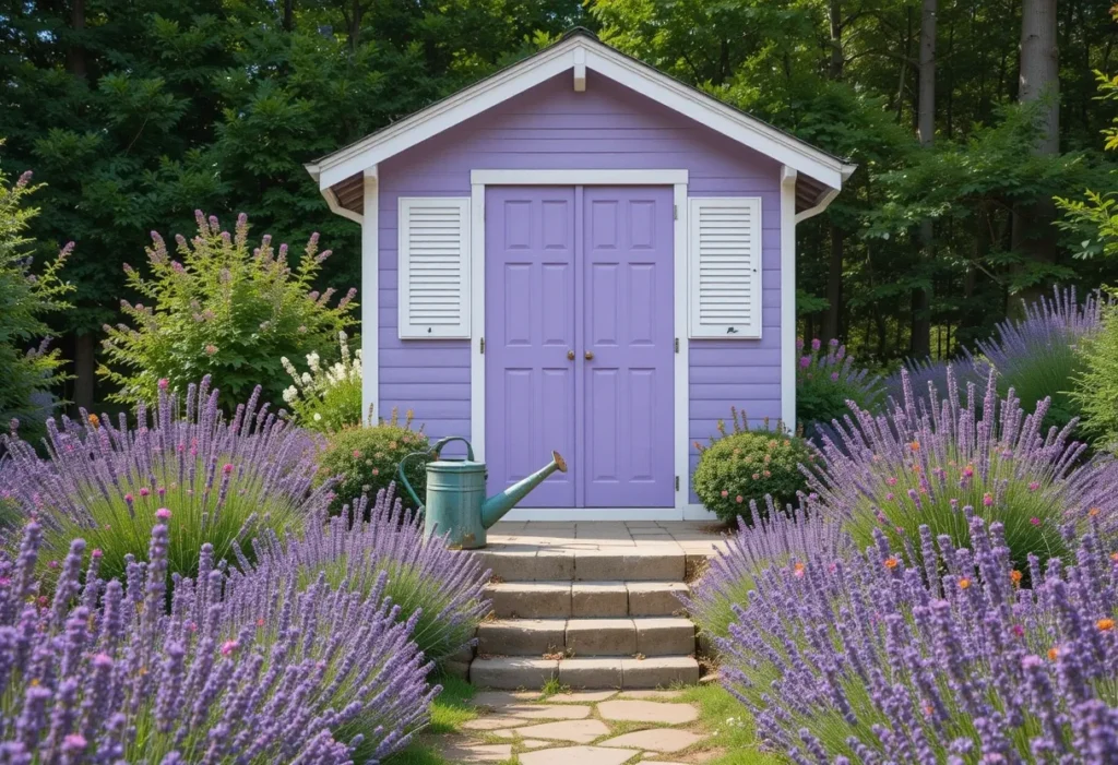 Lavender-lined violet garden shed with white shutters and blooming echinacea.