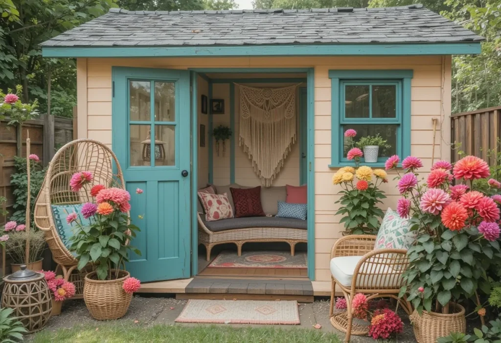 Peach and teal boho garden shed with rattan chairs, macramé, and blooming dahlias.