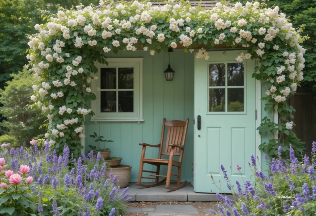 Mint-green cottage shed with honeysuckle vines and a rocking chair surrounded by bee balm.