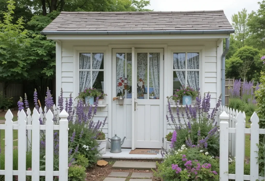 Whitewashed cottage potting shed with lace curtains and lavender blooms by a picket fence.