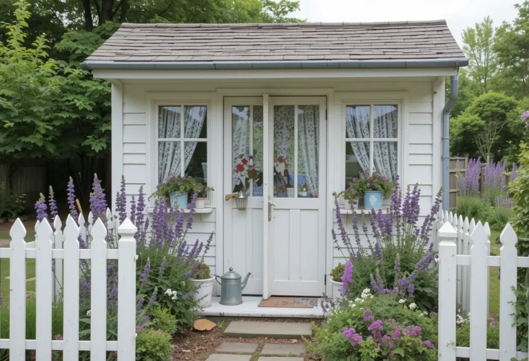 27 Cottage Garden Shed Ideas to Transform Your Backyard 2 Whitewashed cottage potting shed with lace curtains and lavender blooms by a picket fence.