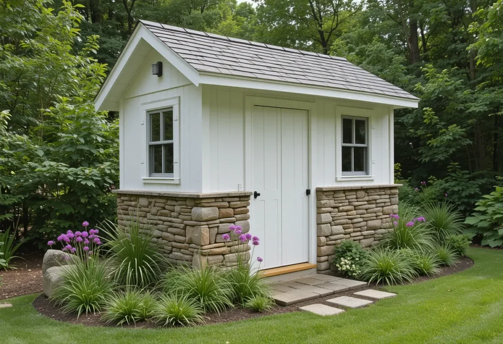 Rustic stone-and-wood garden shed with grasses and alliums for a charming countryside look.