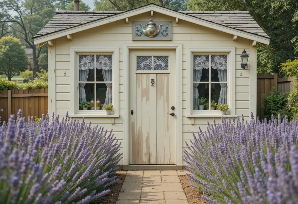 Beige cottage tea shed with lace curtains and lavender rows along a garden path.