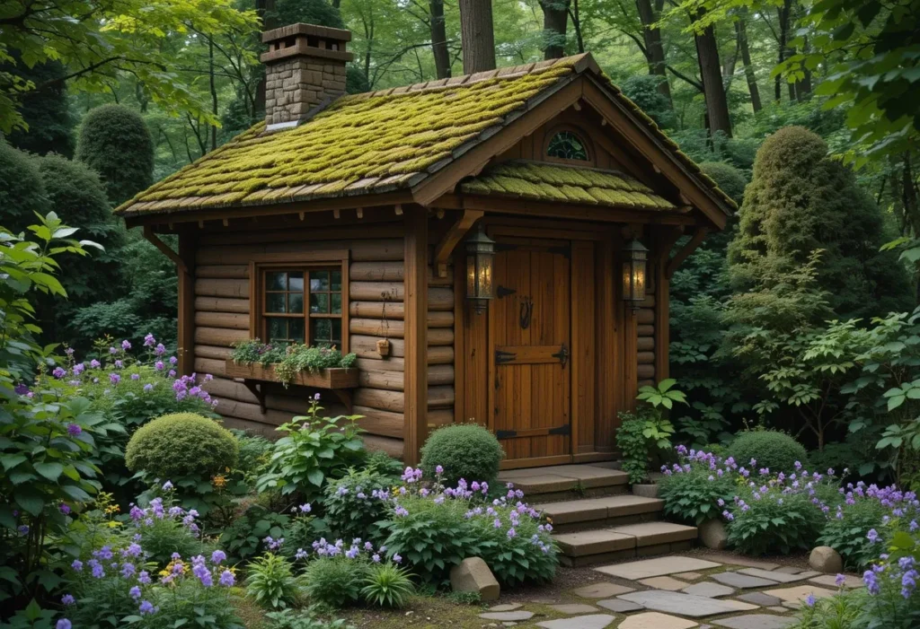 Fairytale-style garden shed with mossy roof, cedar siding, and wild ferns at the base.