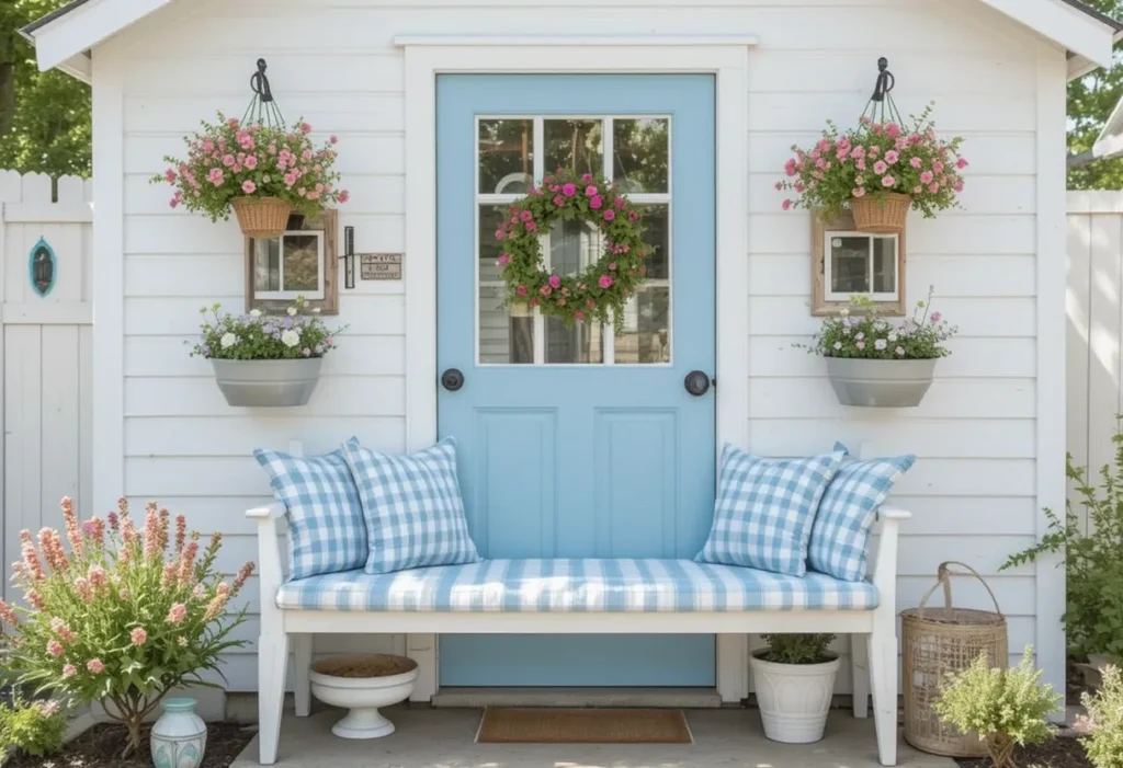 White garden shed with baby blue gingham door and floral baskets in a vintage garden.