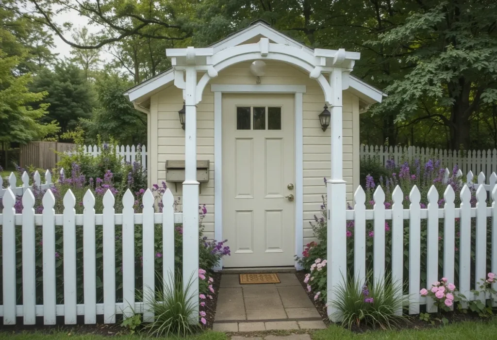 Buttercream garden shed with white picket fence and blooming lavender and cosmos.