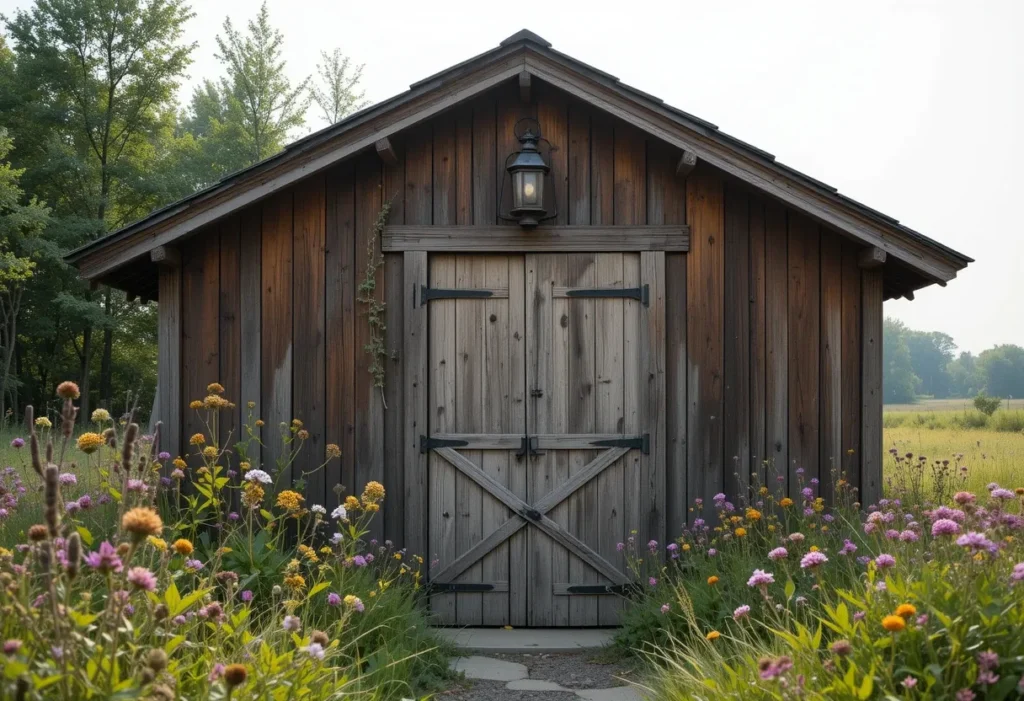 Rustic barnwood shed with wildflowers and vintage lantern in a natural countryside setting.