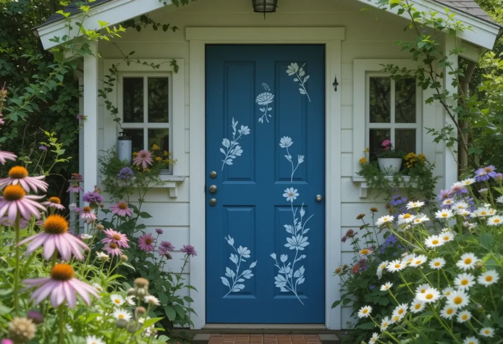 White garden shed with floral stencil blue door and bright blooms around the base.