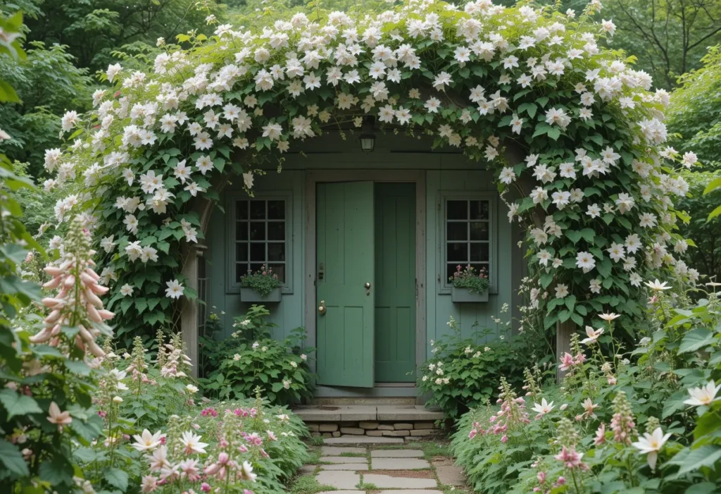 Hidden garden shed with clematis-covered arbor and tall flowers for a secret garden look.