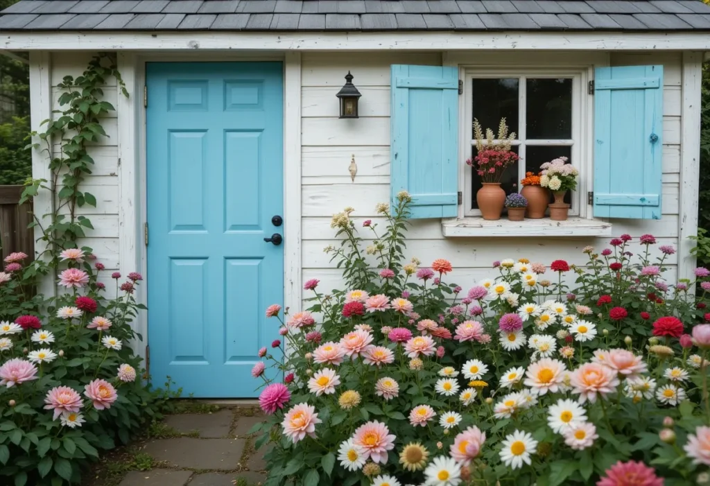 Vintage white garden shed with blue door and blooming peonies, roses, and daisies.