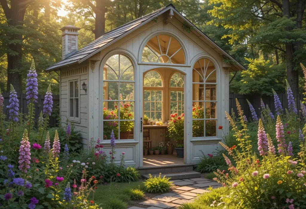 Glass-window garden house with antique arched windows and colorful flowers surrounding it.