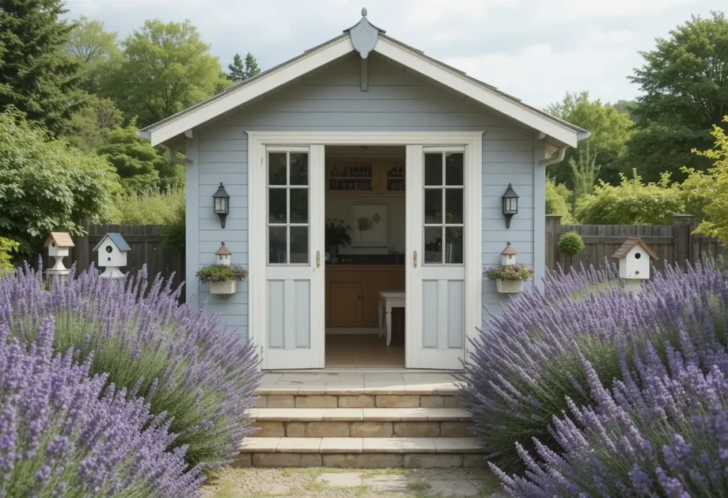 Soft gray garden shed with cream trim, surrounded by lavender, birdhouses, and stone steps.