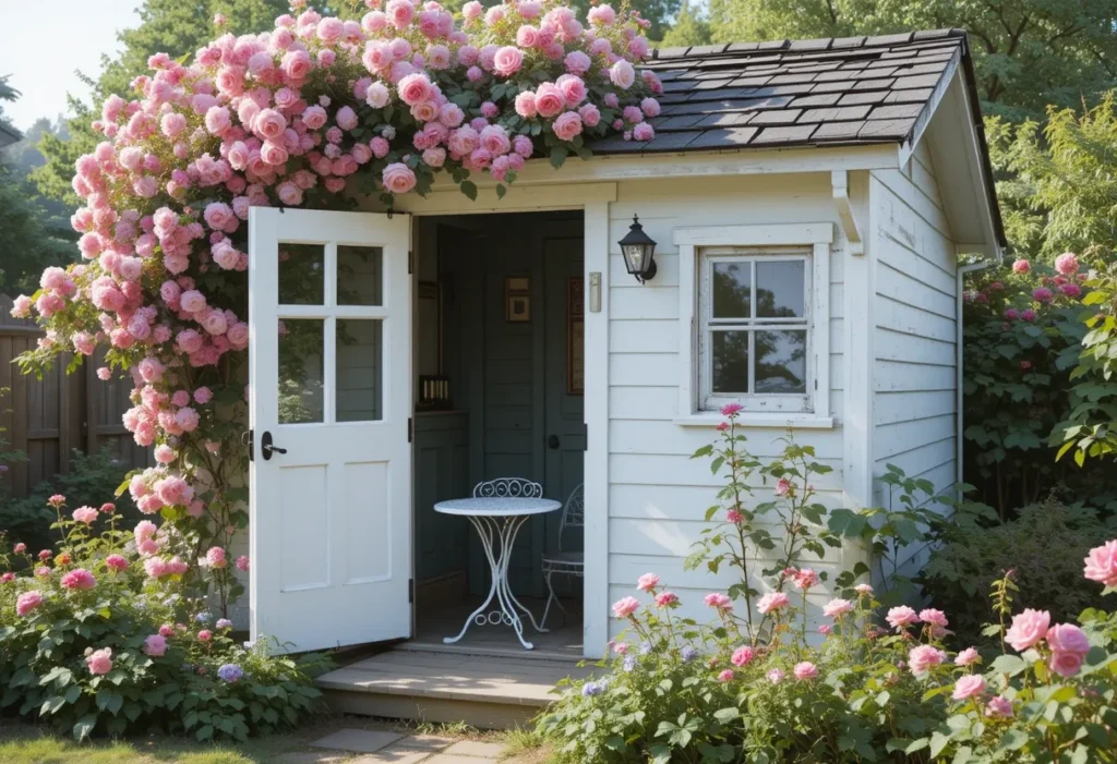 Romantic rose-covered garden shed with bistro seating and blooming pink roses above the door.