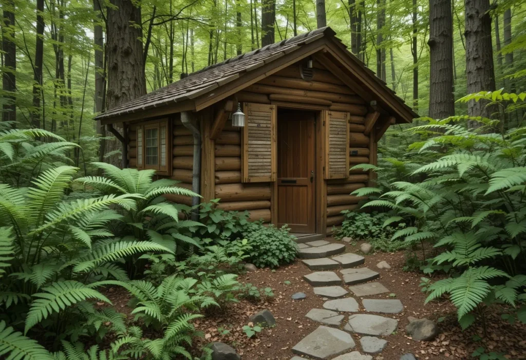 Rustic cedar garden shed with forest ferns, antique shutters, and a stone path.