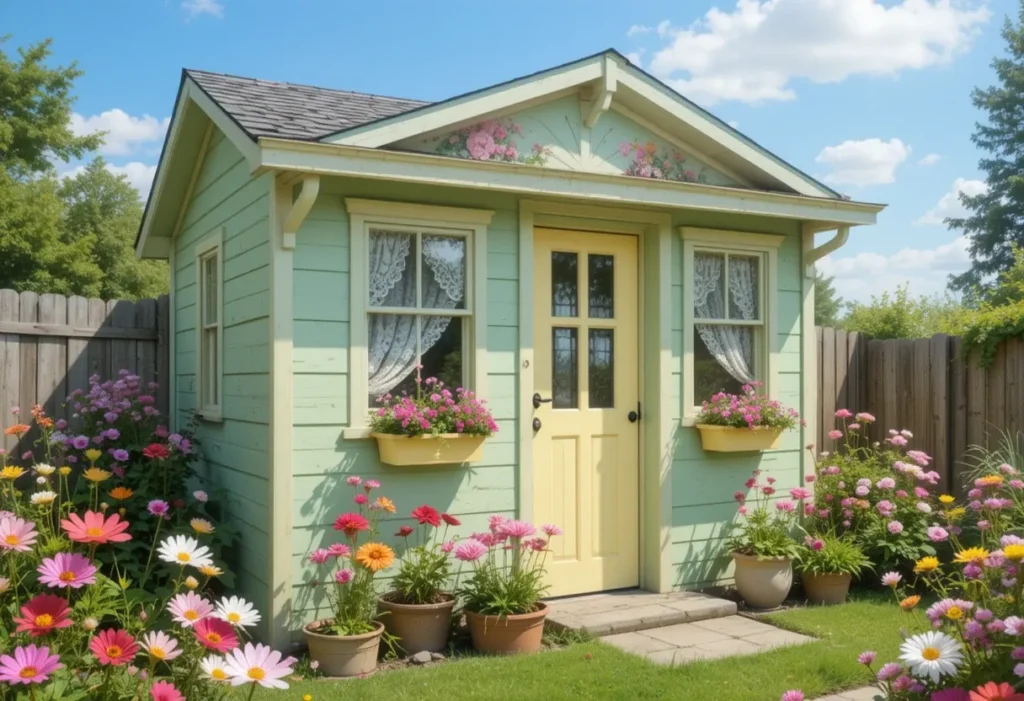 Pastel-painted garden shed with floral containers and blooming cosmos and dahlias.