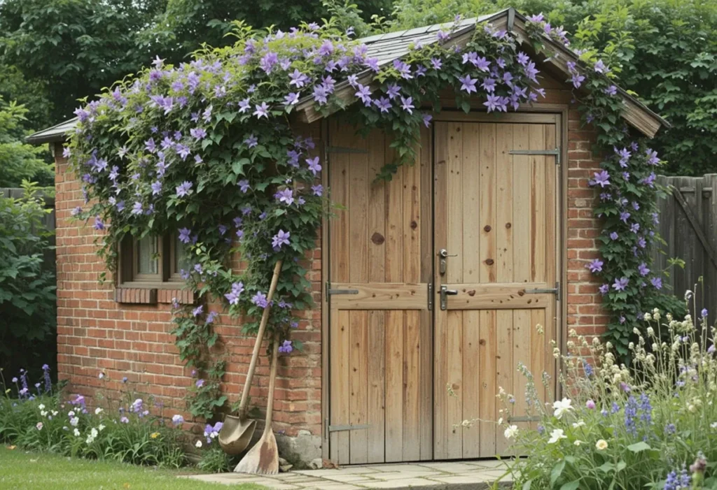 Brick-based garden shed with clematis vines and a vintage spade by the weathered door.