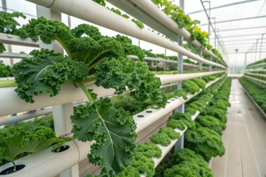 Healthy hydroponic kale growing indoors with dark green curly leaves under LED grow lights