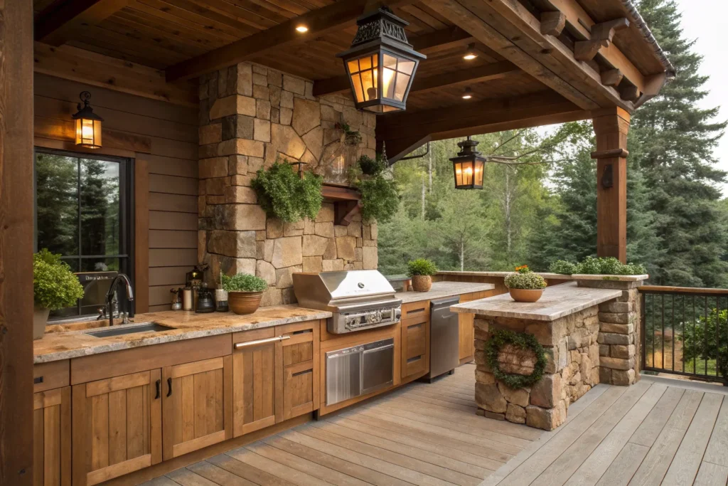 Rustic cedarwood outdoor kitchen with stone grill island and vintage lantern lighting.