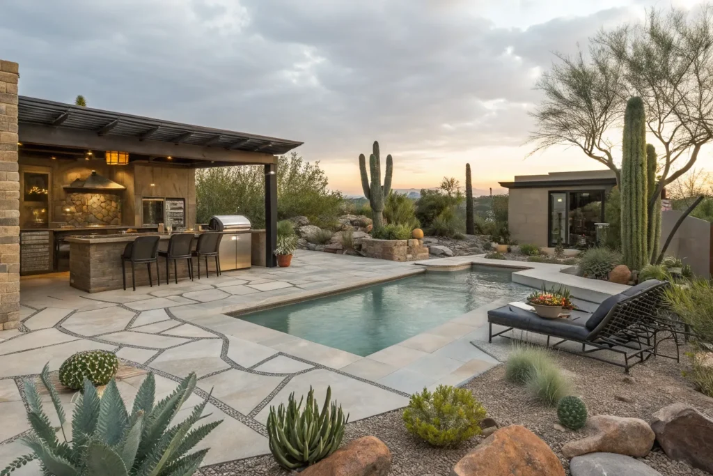 Modern desert-inspired pool design with succulents, cactus plants, stone landscaping, and a minimalist outdoor kitchen.