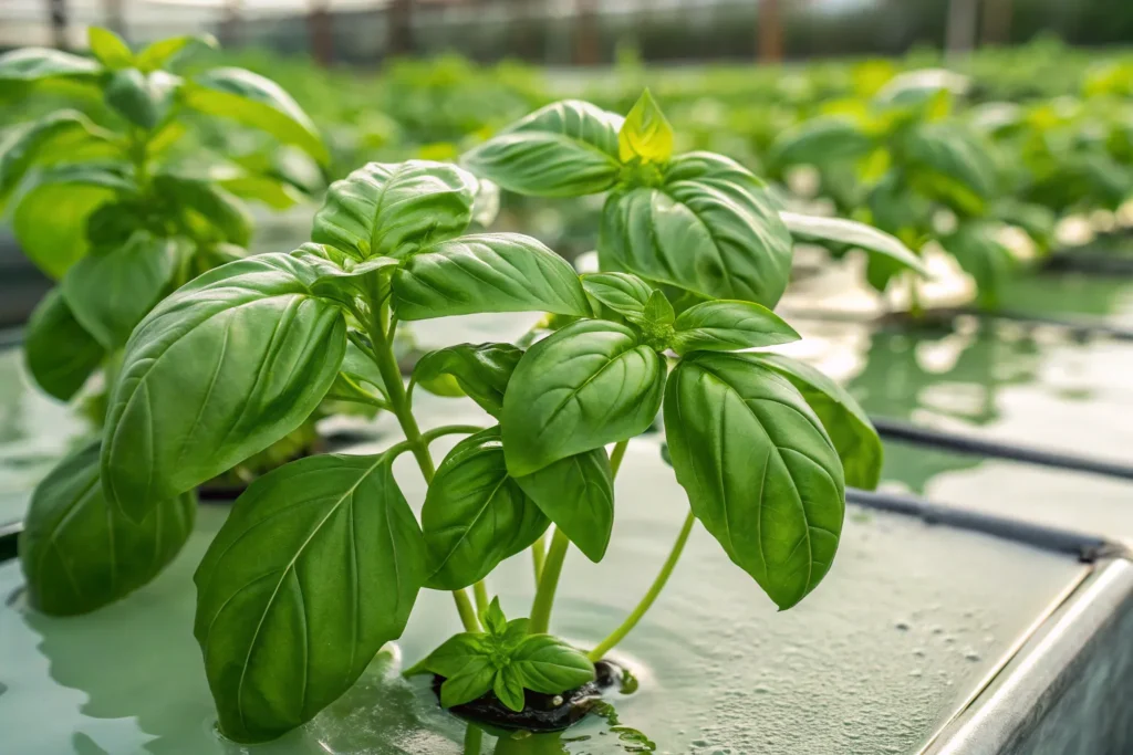 Fragrant hydroponic basil growing indoors in a countertop hydroponic garden system