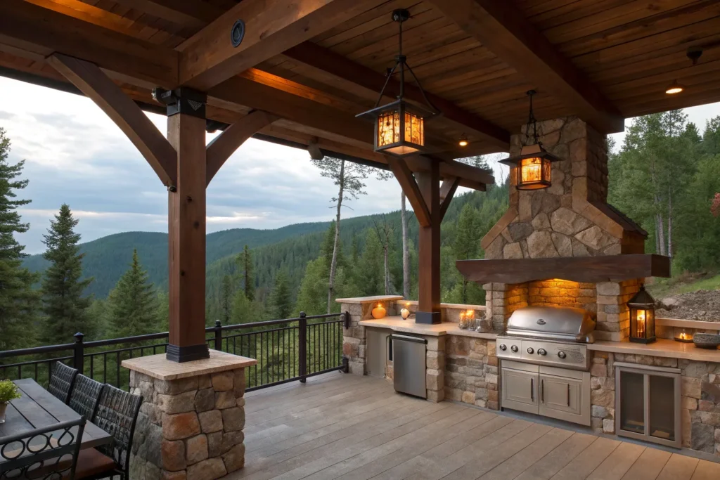 Chalet-style deck kitchen with stone fireplace, rustic wood, and cozy mountain vibe.
